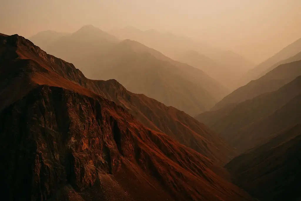 Himalaya-bergrug in mistsluier op grote hoogte