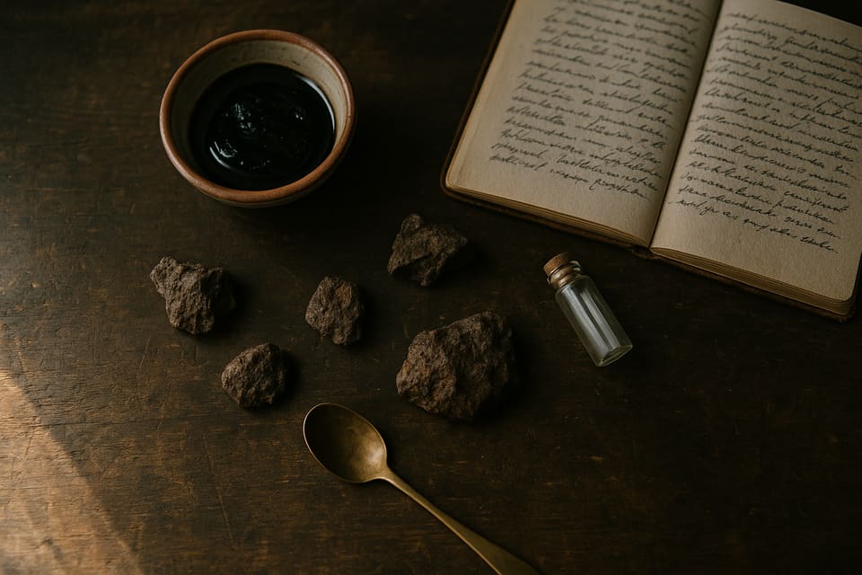 Flatlay met opengeslagen journaal, lab-glaswerk en shilajit-monsters